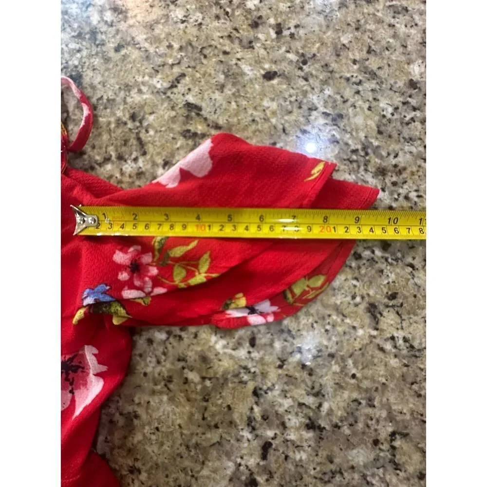 BOHO Summer Beach Tropical Red Floral Cold Shoulder Shorts Jumpsuit Size Medium